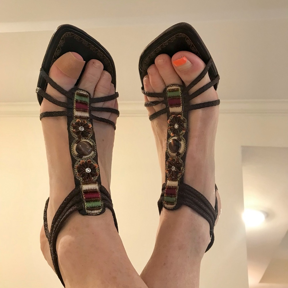 Vintage Brown Bejeweled High Heeled Sandals by Rebels